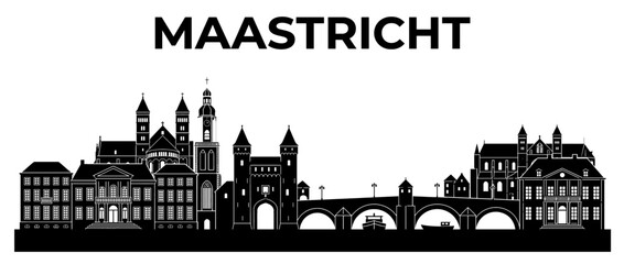 Fototapeta premium Maastricht Netherlands City Skyline Silhouette, Historic Landmarks Illustration on White Background