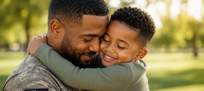 military father in camouflage uniform hugging his smiling young son outdoors in a sunny green park