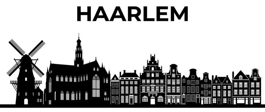 Haarlem city skyline silhouette, black vector illustration of Dutch landmarks isolated on white background.