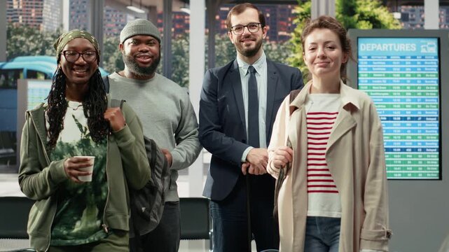 Cheerful passengers wait together in a bus station with coffee cups before departure, forming a jolly small group of travelers spending a busy travel day in an urban coach transit hub.