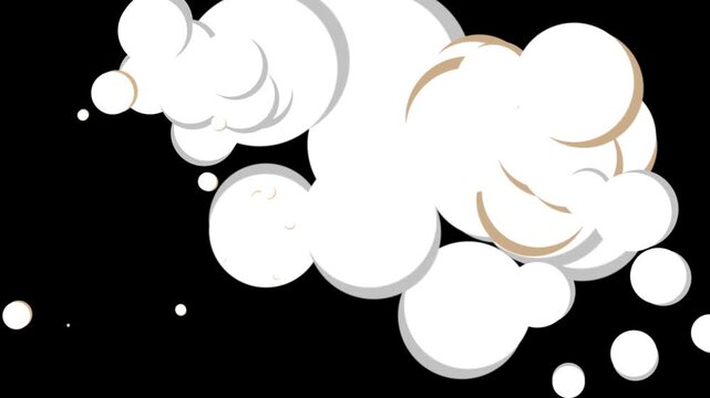 cartoon smoke explosion effect motion graphics overlay with black background. comic book style pop art smoke burst vfx animation for gaming motion design. 2d anime style white dust puff explosion.