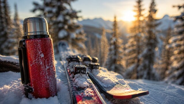 Red Thermos and Ski Equipment in Snowy Mountains at Winter Sunrise