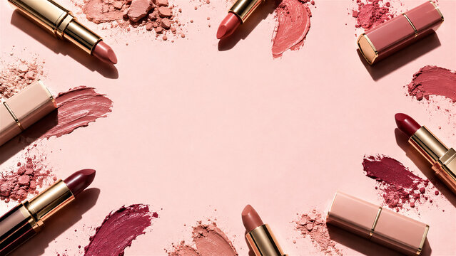 lipsticks with smudged swatches and crushed powder arranged in frame on pastel background. Beauty makeup product flat lay with copy space in