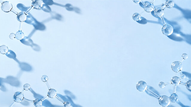 glass molecular structure model on light blue background with copy space. Chemistry biotechnology science concept. Laboratory research and medical innovation for pharmaceutical study