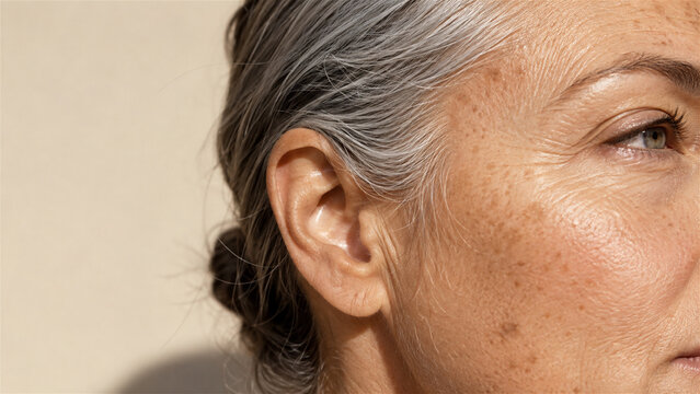 close up side profile of senior woman with gray hair showing natural skin texture with wrinkle and age spot. Real beauty and natural aging concept. Dermatology and mature skincare detail