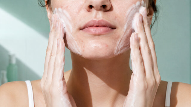 woman washing face with foaming cleanser. Close up of facial skincare routine and hygiene, cleansing foam on skin. Daily beauty treatment for acne care and healthy skin concept
