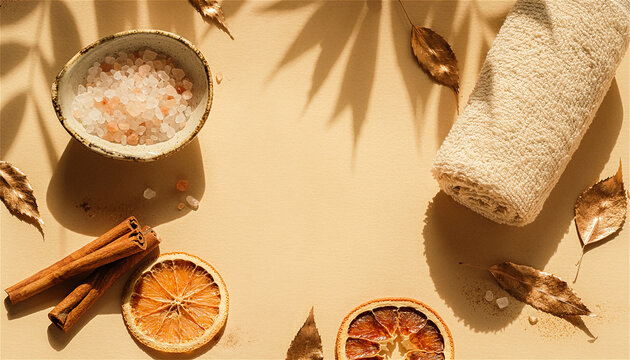 top view of spa composition with sea salt bowl, rolled towel, cinnamon stick and dried orange slice on beige background. Natural wellness and aromatherapy self care concept for relaxation