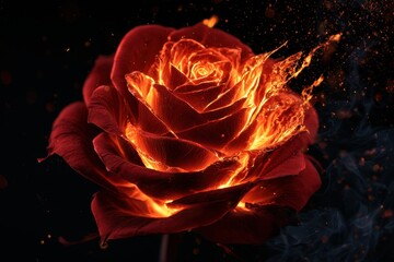 Naklejka premium A striking red rose engulfed in glowing fiery embers and flames with sparks and smoke against a dark background creating a dramatic effect