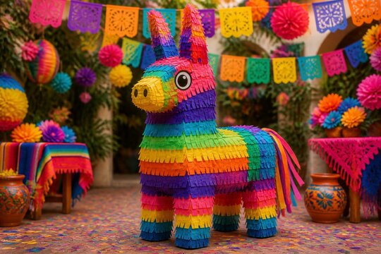Colorful donkey pinata standing in decorated fiesta courtyard