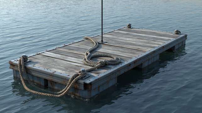 Floating dock platform with mooring ropes on calm water