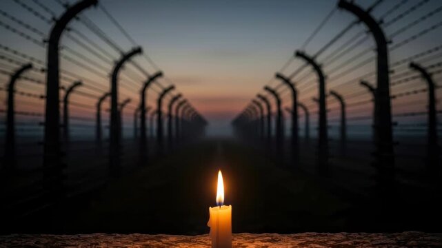 A single candle burning before a barbed wire fence at dusk