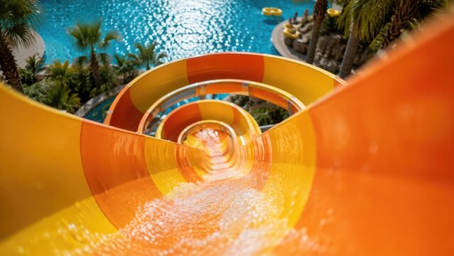Colorful Orange and Yellow Spiral Water Slide Over Tropical Swimming Pool