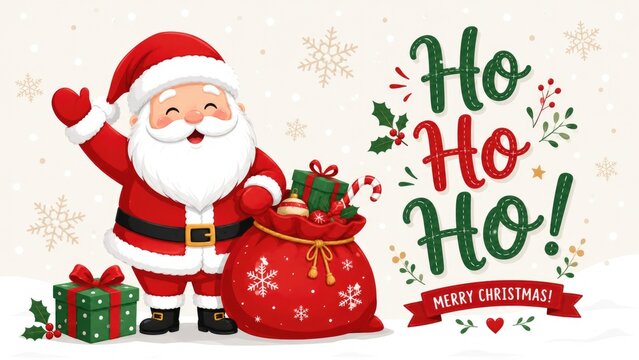 Cheerful Santa Claus with Christmas Gifts and Festive Ho Ho Ho Holiday Greeting Illustration