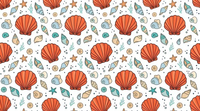 Repeatprint featuring sea shells and orange scallops with outline on crisp surface pattern seamlessshell seashell scallop marine ocean sea beach summer cute repeat print tile textile