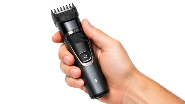Electric Hair and Beard Trimmer Held in Male Hand on White Background