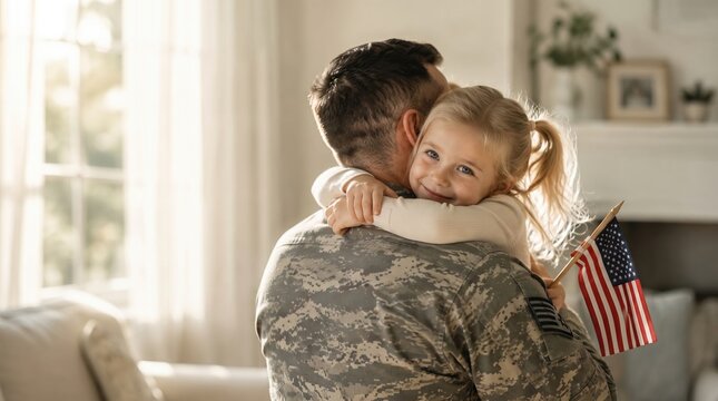 smiling young daughter hugging her military father in camouflage uniform while holding american flag and looking at camera during warm family reunion at home