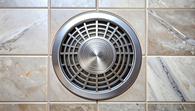 Circular metal floor drain cover installed in a beige marble tiled shower floor seen from a top down view