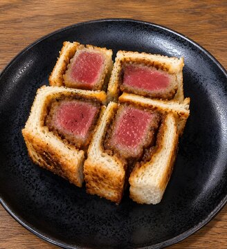 Japanese Wagyu Beef Katsu Sando with Rare Steak in Toasted Bread