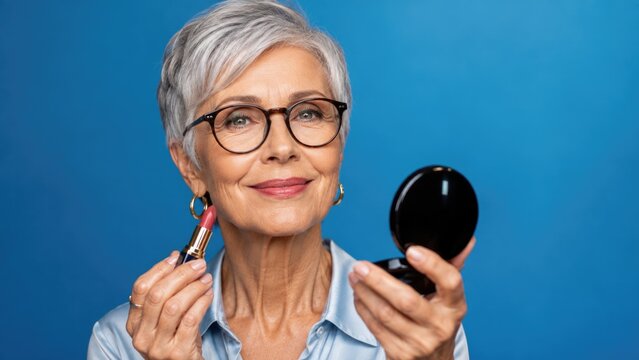 Stylish Senior Woman Applying Lipstick While Looking in Compact Mirror Against Blue Background