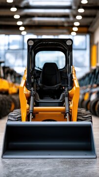 Industrial warehouse interior featuring a row of new yellow skid steer loaders with focus on the front loader bucket and operator cabin details