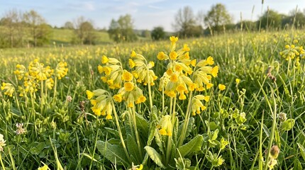 Fototapeta premium Wild Yellow Cowslip Wildflowers Blooming in Sunlit Spring Meadow Cluster of bright yellow spring flowers growing in green field under soft morning sunlight flower cowslip wildflower yellow meadow