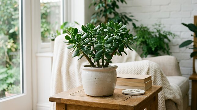 Potted Jade Succulent Plant in Bright Interior Setting Lush green Crassula ovata plant in a simple ceramic pot resting on a table in natural light jade plant crassula ovata succulent houseplant