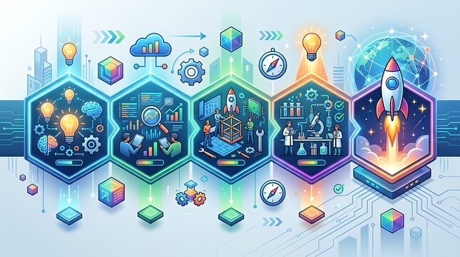 Technology Innovation Pipeline Concept with Hexagonal Rocket Graphics Modern process infographic showing progress steps with geometric shapes and launch icons innovation research development pipeline