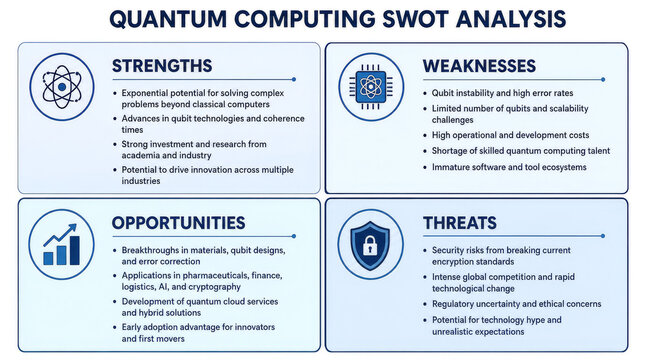 Quantum computing SWOT analysis infographic with four quadrants