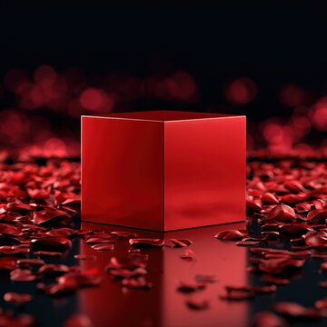 Shiny red cube standing on glossy surface surrounded by scattered red flower petals glowing against dark background with soft bokeh lights