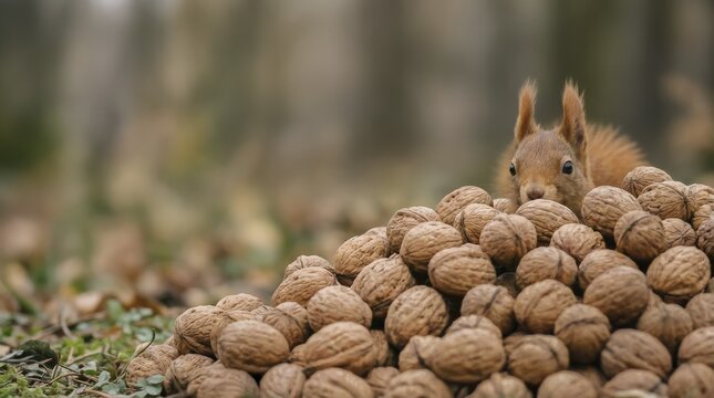 A red squirrel surrounded by walnuts. Fall scene. Storing nuts for the wnter. Pointed ears, AI generated