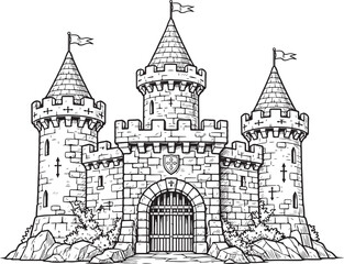 Fototapeta premium Black Fairy Tale Castle Fantasy Medieval Fortress Vector Illustration Isolated