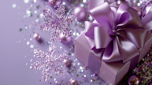 Elegant purple gift box with a satin bow, surrounded by glittering snowflakes and festive confetti on a soft lavender background.