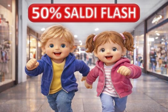 Two happy childlike dolls run hand in hand through a bright shopping mall under a glowing 50% Saldi Flash Italian sign, conveying urgency, joy, and a dynamic retail sale atmosphere. AI generated