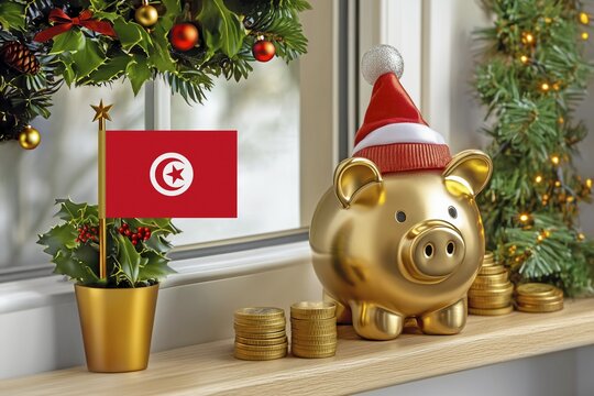 Flag of Tunisia on a potted holly plant and golden piggy bank with hat and coins, sorrounded by festive decorations during Christmas holiday season.Business, finance and economy concept, AI generated
