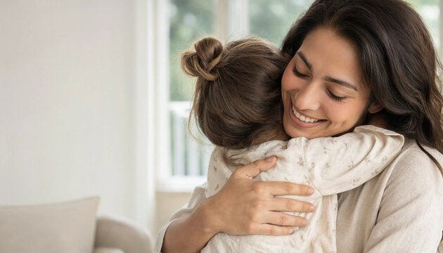 Happy mother tightly hugging her little daughter at home with copy space
