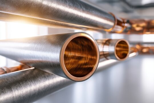 Shiny metallic pipes and copper tubing arranged in parallel lines showcasing industrial plumbing or mechanical engineering infrastructure in a bright setting