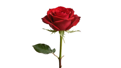 Fototapeta premium Single deep red rose with green stem and leaf, isolated on transparent background