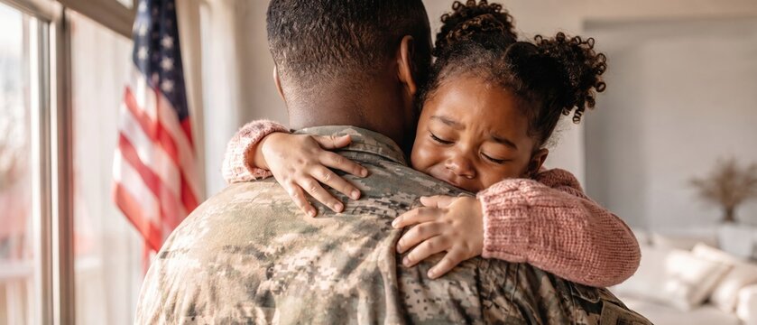 Emotional young girl hugs her military father in camouflage uniform tightly at home with an American flag in the background during a family reunion