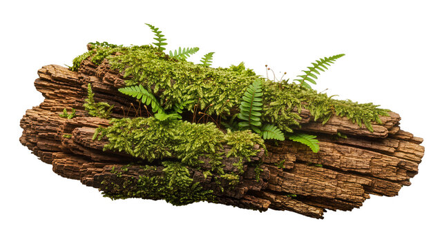 Moss and fern covered weathered wood log, isolated on transparent background