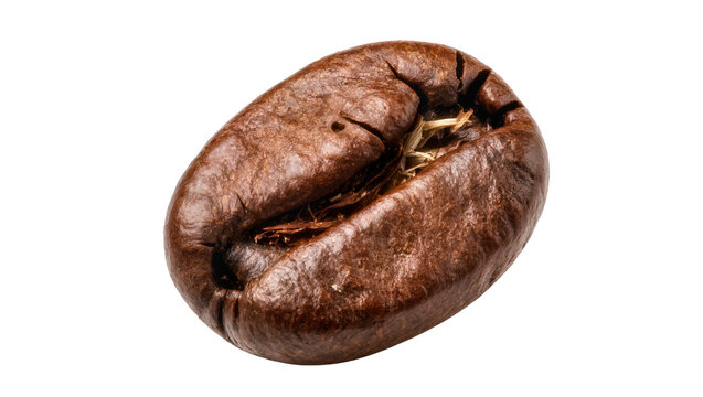 Single roasted coffee bean with visible cracks and texture, isolated on transparent background