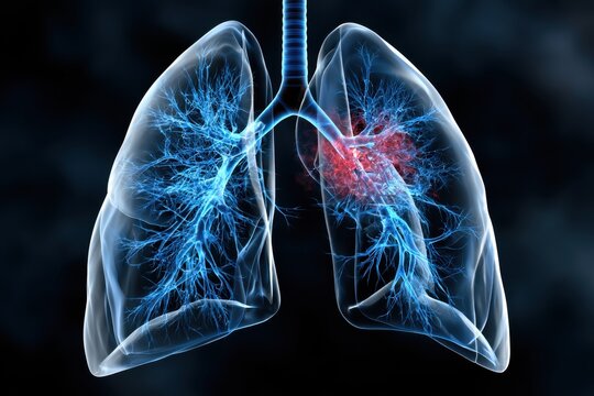 Digital medical illustration of human lungs showing detailed blue bronchial tree and highlighted red inflamed area indicating lung infection or disease