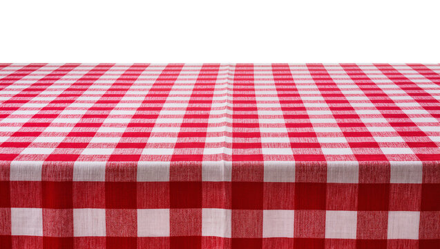 Red and white checkered tablecloth draped over a table, isolated on transparent background