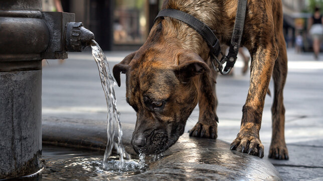 Dog drinking from city fountain on urban street