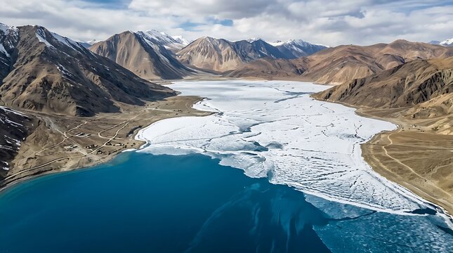 Snow and ice covered pangong tso lake in ladakh
