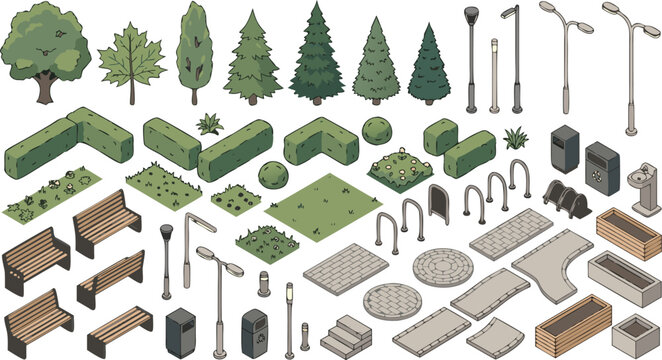 Isometric park elements set with trees benches street lamps and pavement tiles for urban landscape design projects