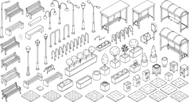 Isometric street furniture collection with benches lamps and planters in a clean black and white line style