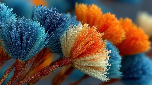 Close-up of vibrant, multi-colored floral clusters, displaying intricate details and dew drops