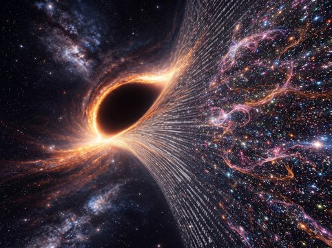 Deep Space Black Hole Vortex Pulling Digital Binary Data Streams and Glowing Stellar Nebula Background