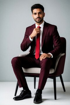 Young Indian businessman sits on modern chair wearing elegant maroon suit, red tie. Confident man poses for pro portrait in corporate style. Stylish male model shows successful entrepreneur look with