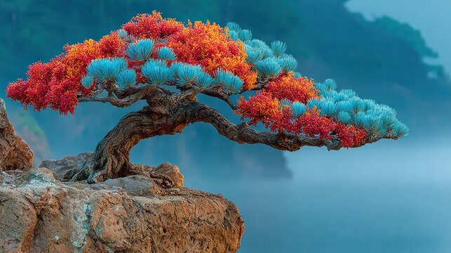 Enchanting Bonsai Tree with Vibrant Red and Blue Foliage on a Rocky Outcrop.